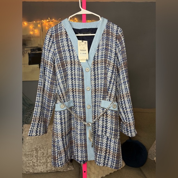 Zara Light Blue and Navy Plaid Tweed Cardigan Jacket size large - Picture 3 of 13